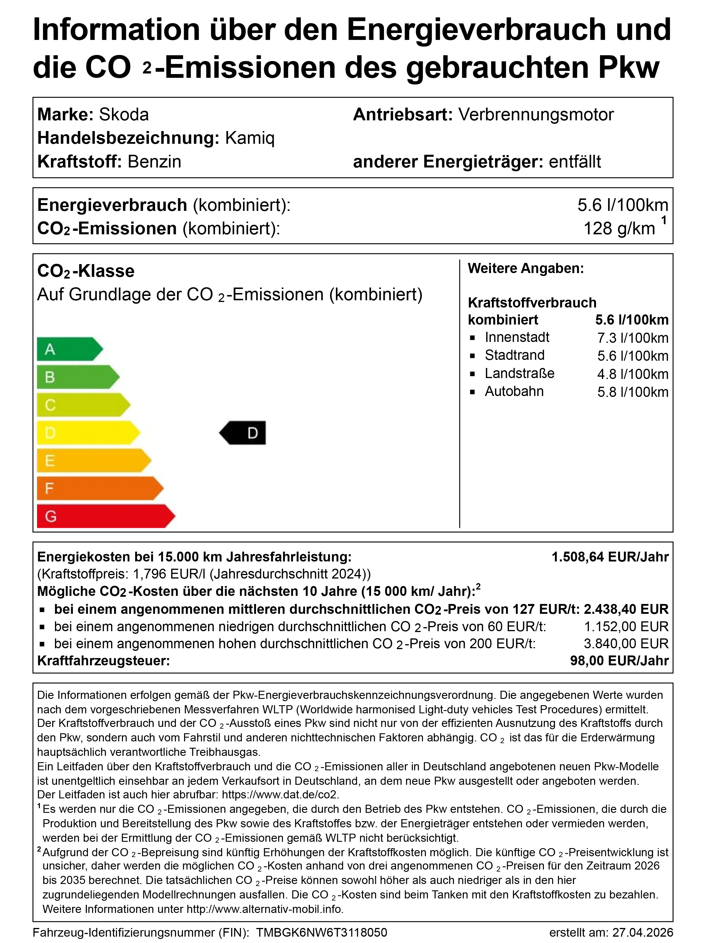 Skoda Kamiq Energie Effizienz Label