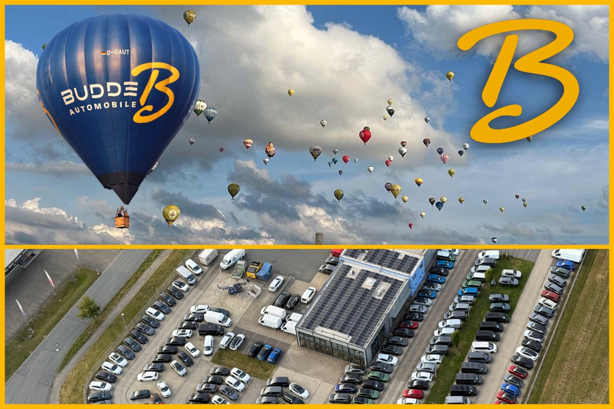 Ballonfahrt: viele Heißluftballone in der Luft, Vogelperspektive Sicht von oben auf das Gebäude von Budde Automobile